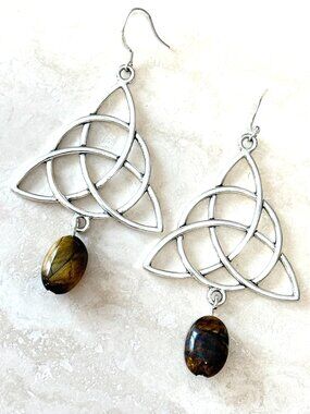 2/$20, Tiger's Eye Celtic Trinity Earrings, Gemstone & Sterling Silver Hooks